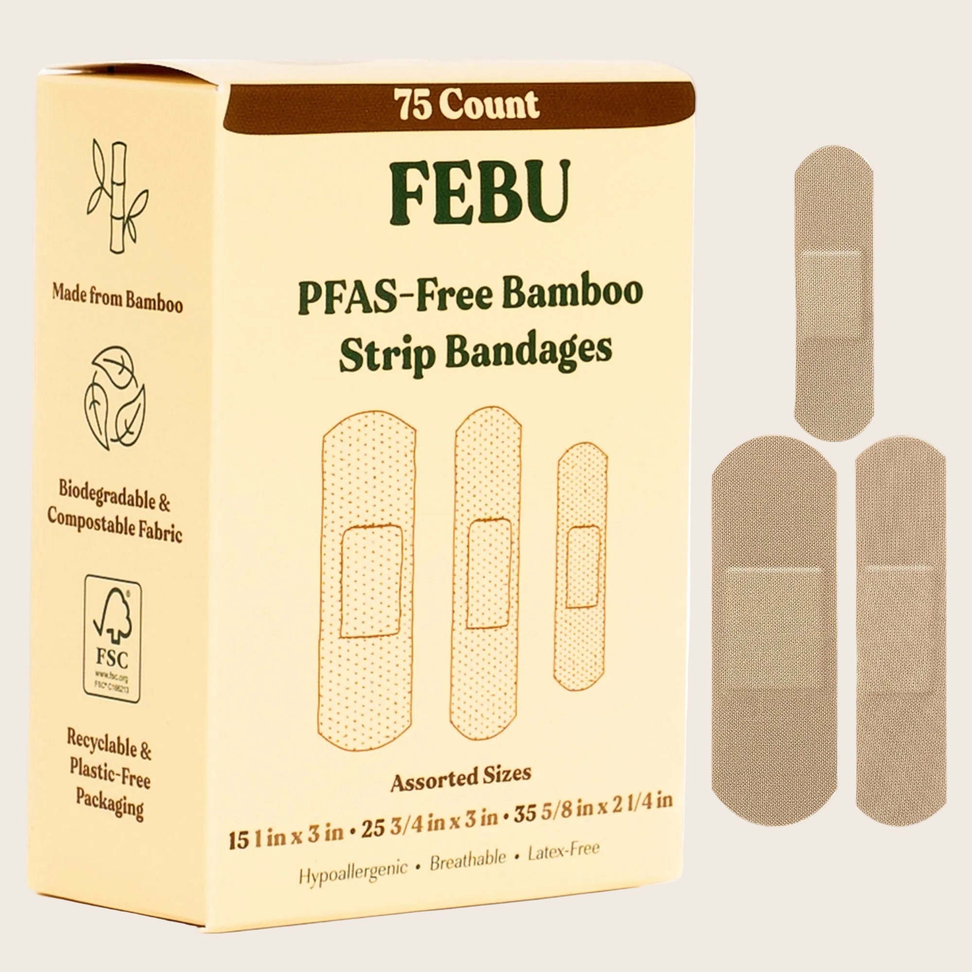 FEBU Eco-Friendly Organic Bamboo Fabric Bandages for Sensitive Skin | PFAS Free Flexible Latex Free Bandages