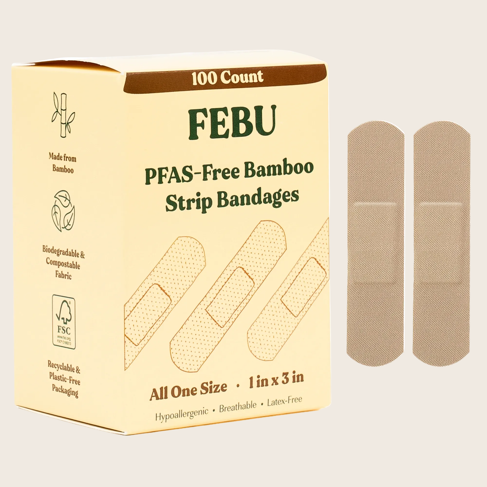 Box of FEBU PFAS-Free Bamboo Strip Bandages with two bandages displayed on a white background.