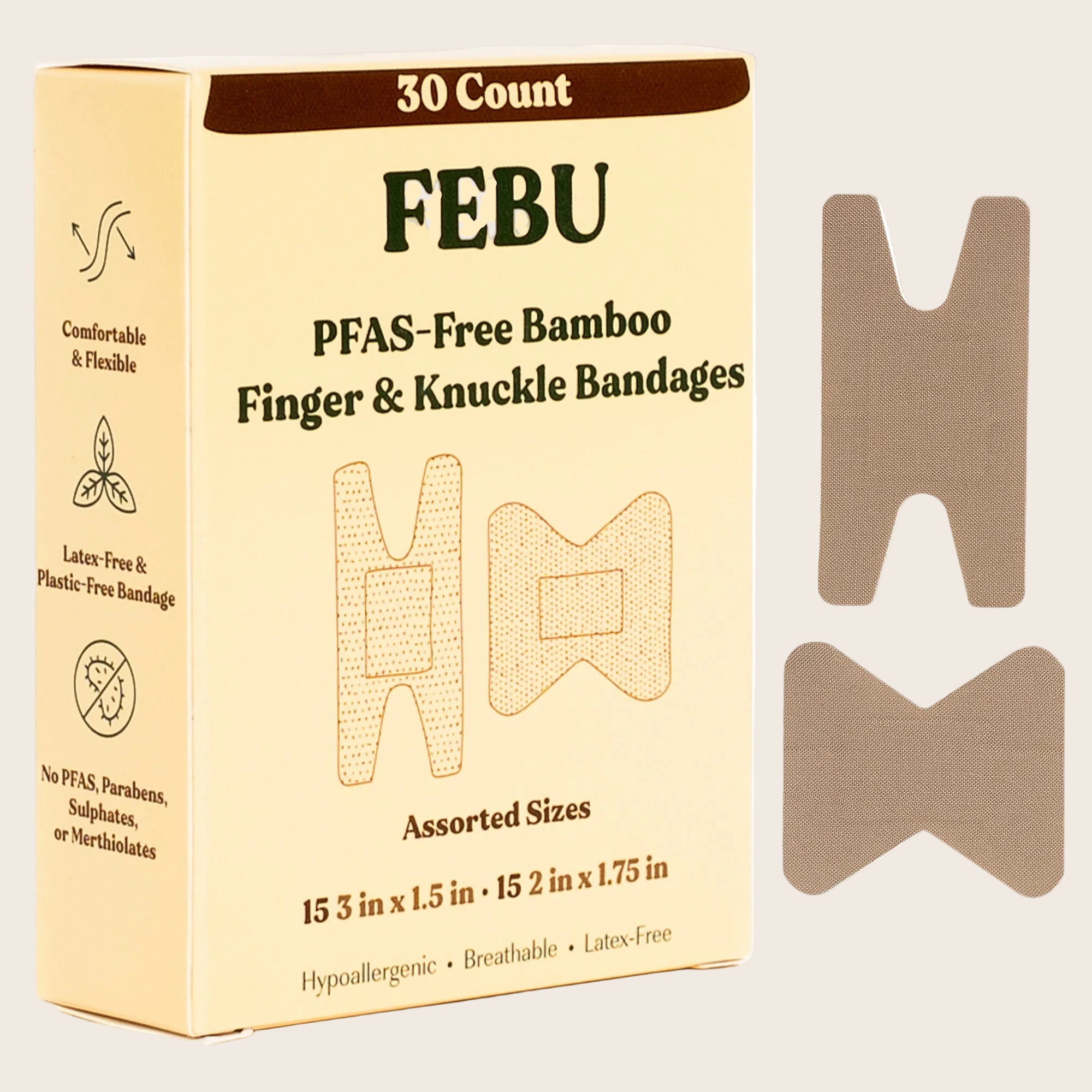 FEBU PFAS-Free Bamboo Finger & Knuckle Bandages packaging with bandages displayed.