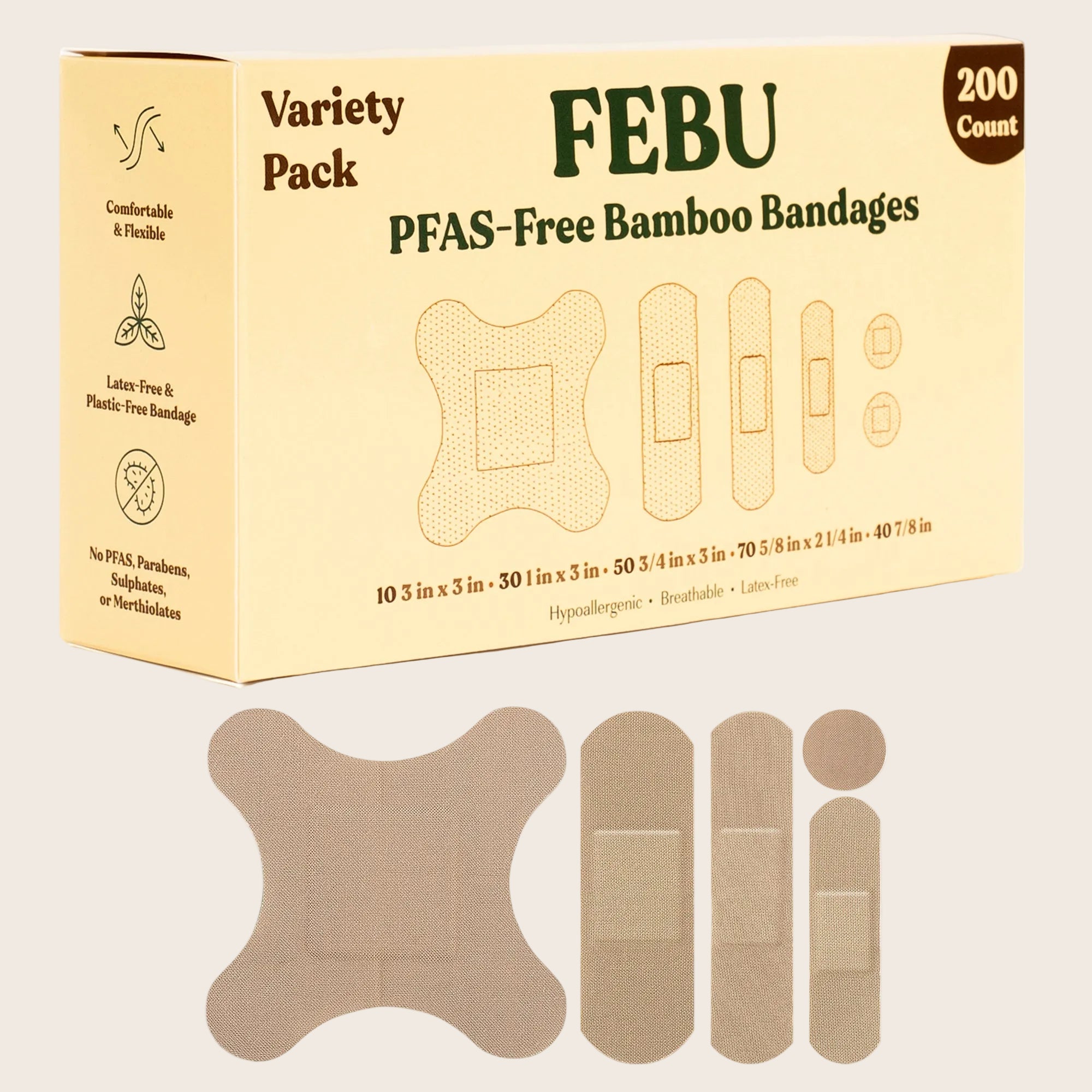 Box of FEBU PFAS-Free Bamboo Bandages with bandages displayed in front