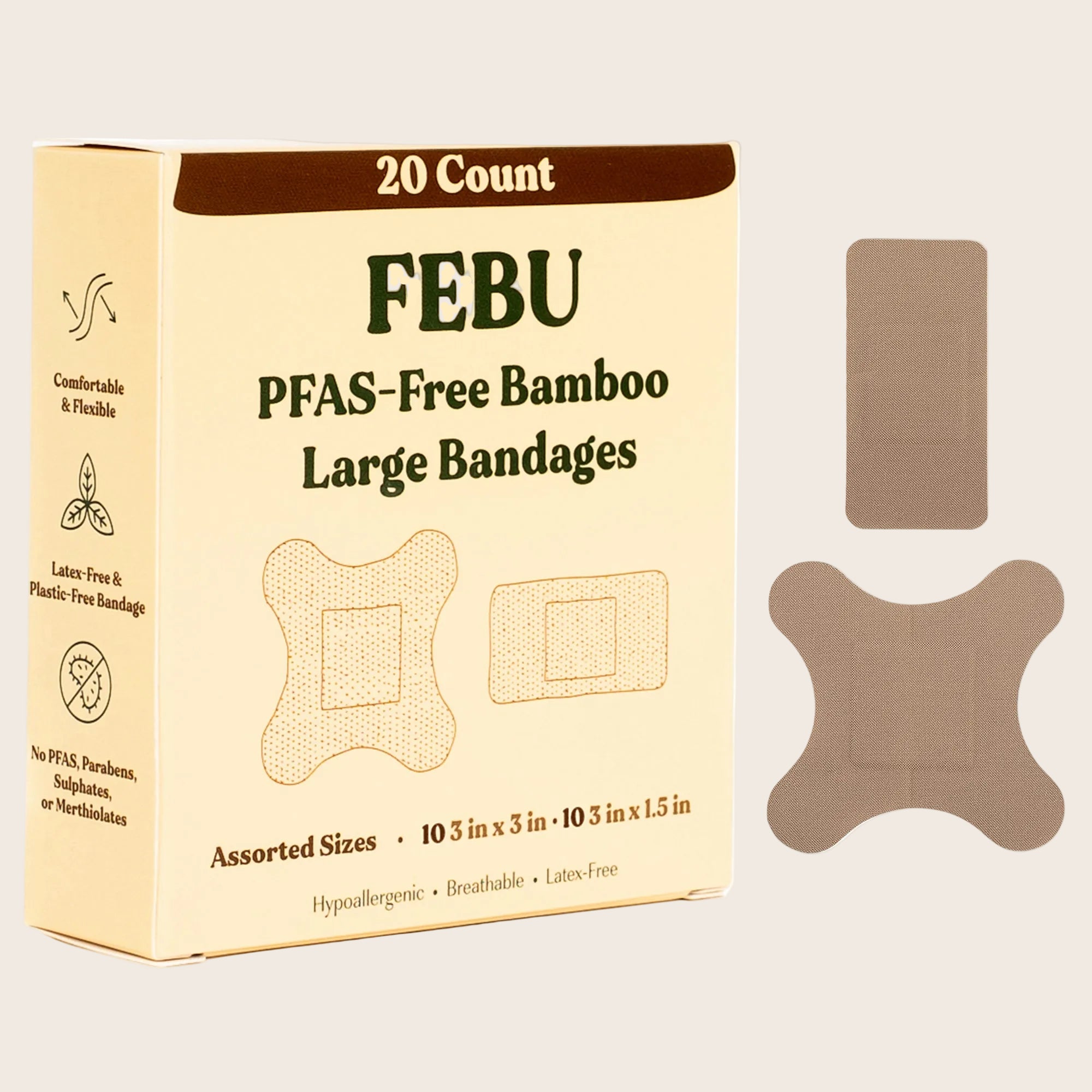 FEBU PFAS-Free Bamboo Large Bandages packaging with bandages displayed on a white background