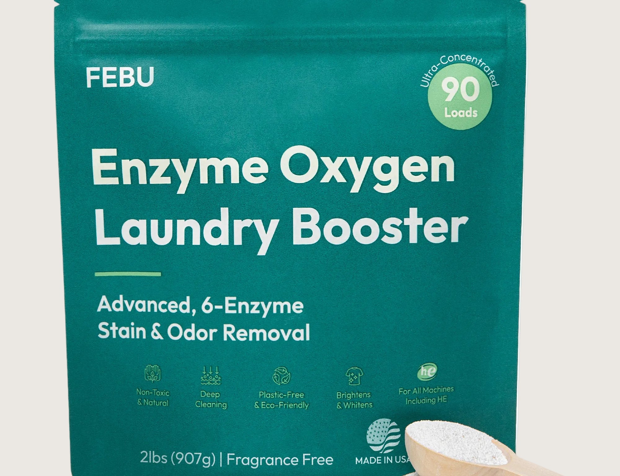 FEBU Enzyme Oxygen Laundry Booster packaging with a scoop of powder on a white background