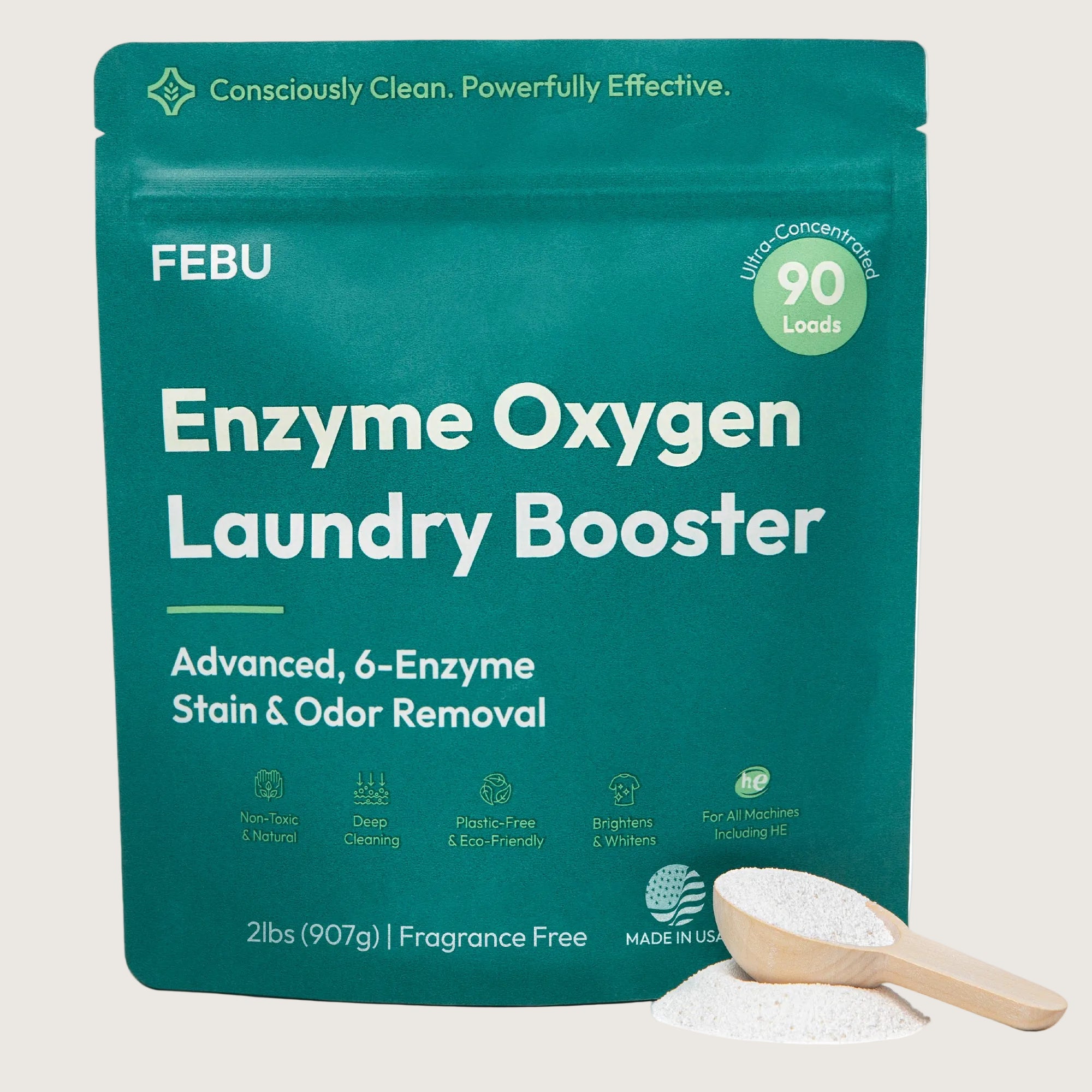 FEBU Enzyme Oxygen Laundry Booster packaging with a scoop of powder on a white background
