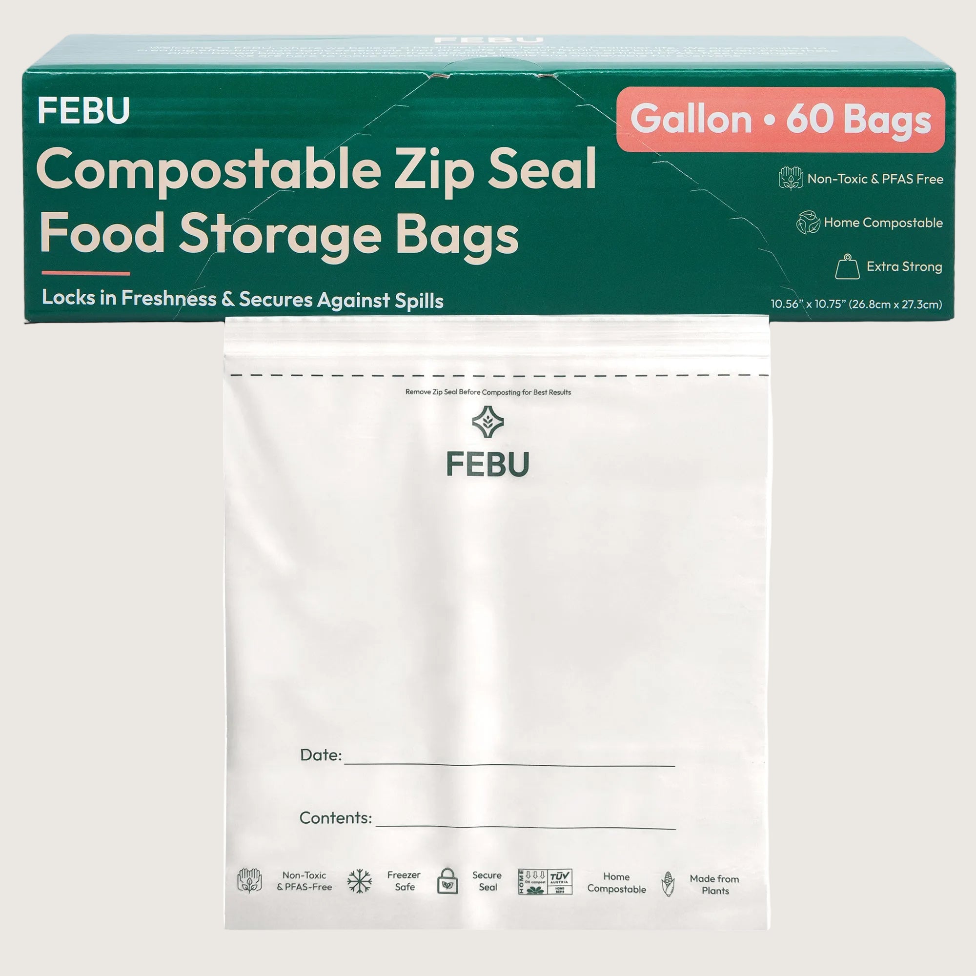 FEBU compostable gallon zip seal food storage bags with packaging on a white background