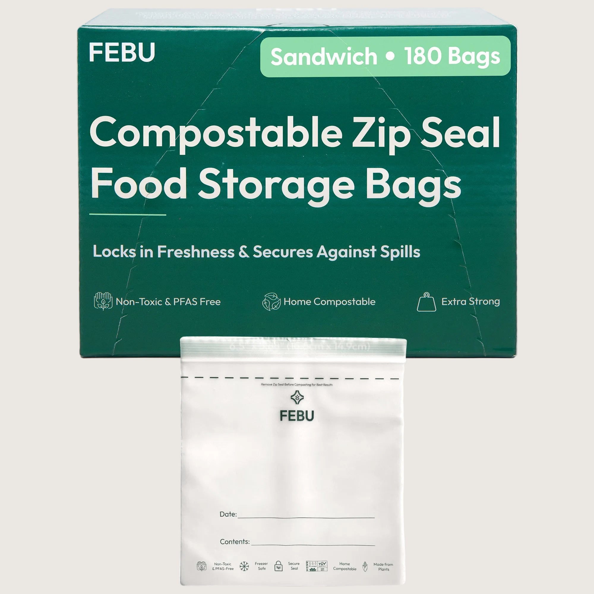 FEBU compostable sandwich zip seal food storage bags with packaging on a white background
