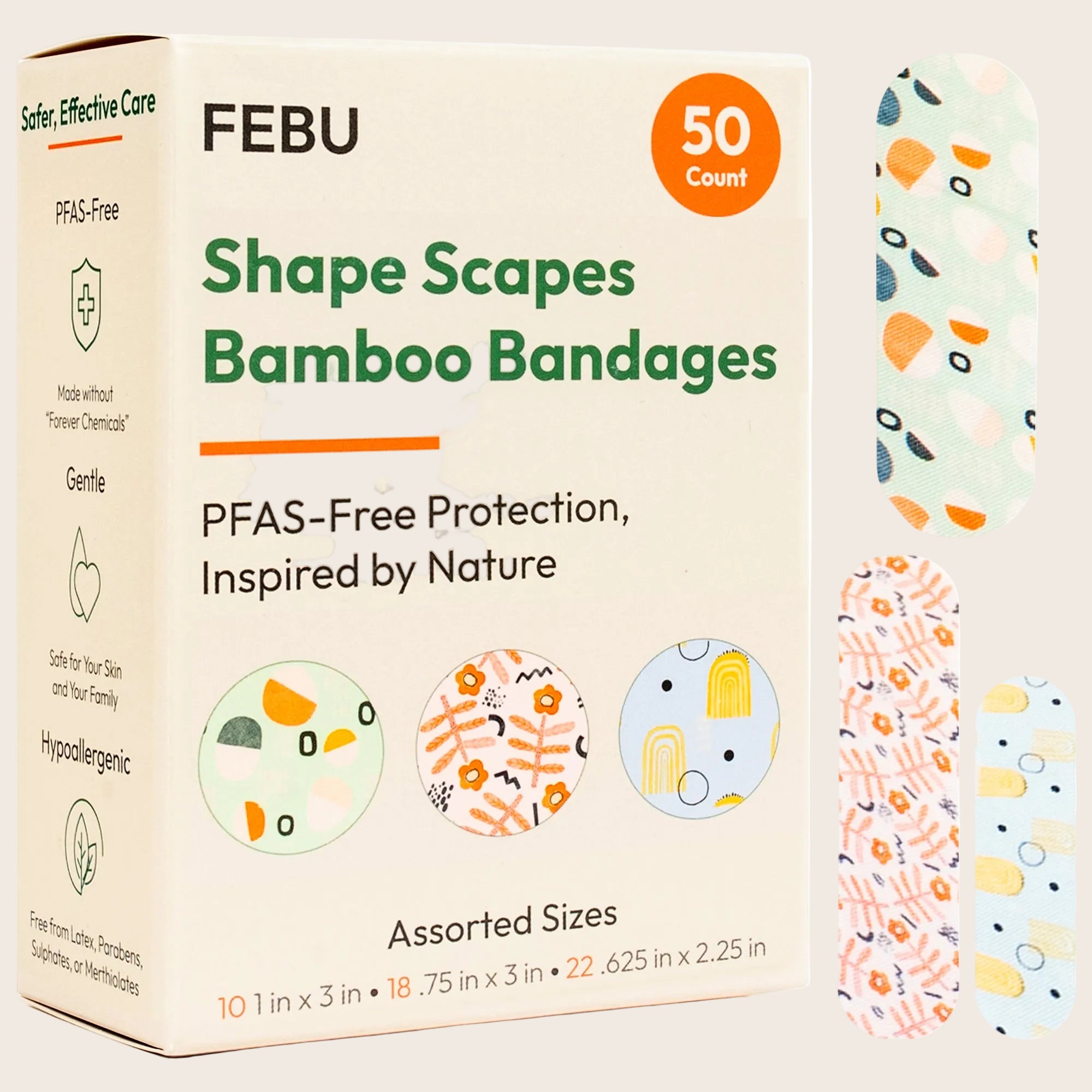 FEBU Shape Scapes Bamboo Bandages packaging with bandages on a white background