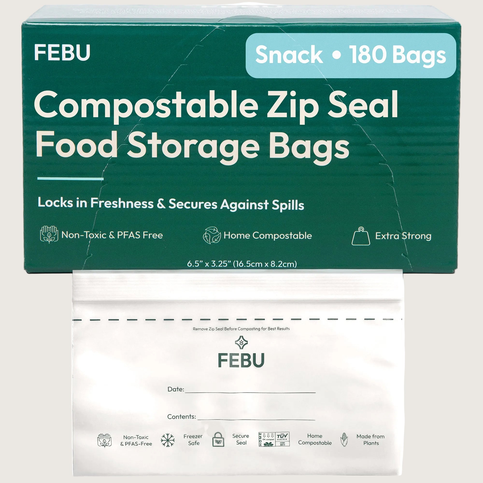 Box of FEBU compostable snack zip seal food storage bags with a single bag displayed below.