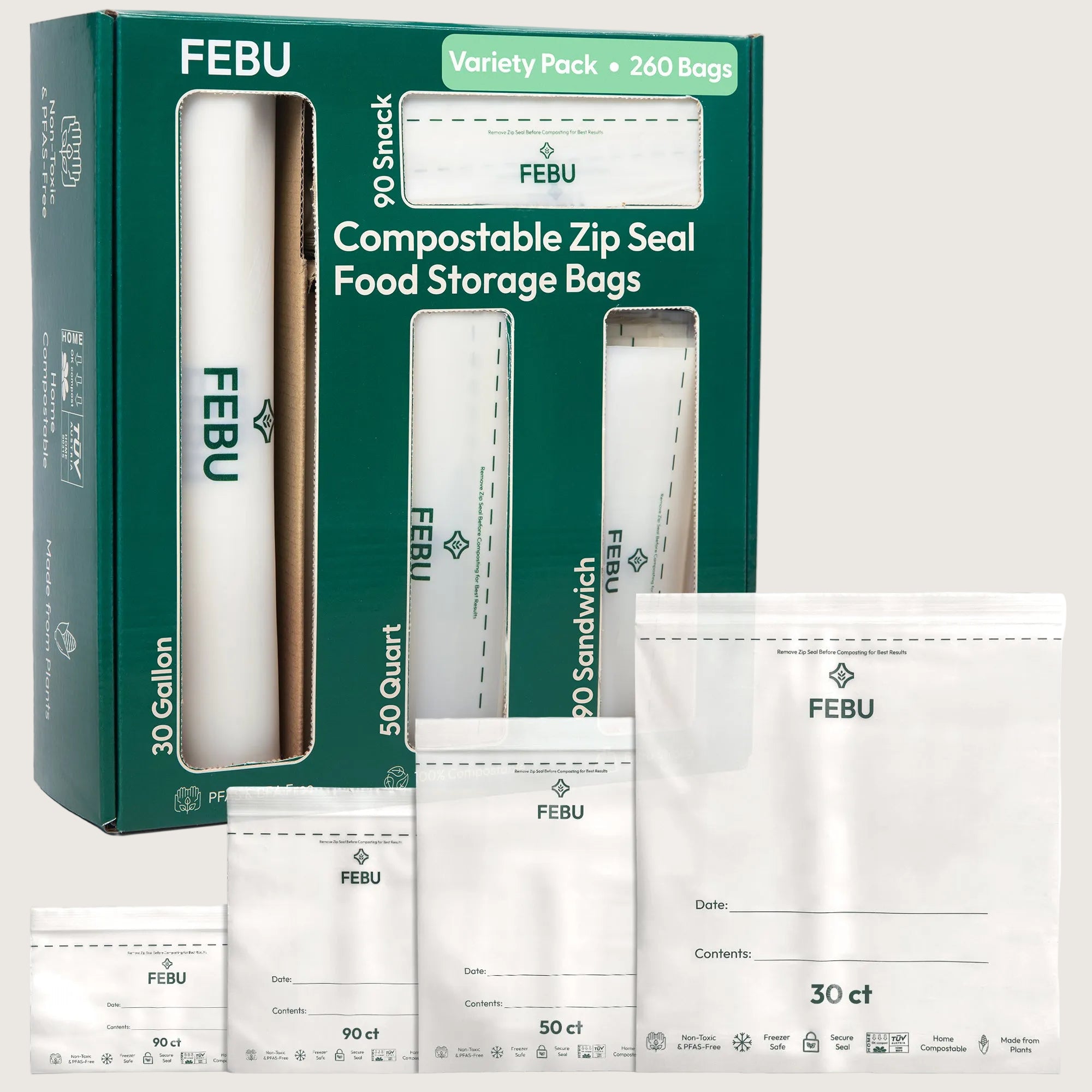 FEBU compostable zip seal food storage bags packaging with various bag sizes displayed.