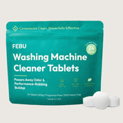 FEBU washing machine cleaner tablets packaging with tablets on a white background