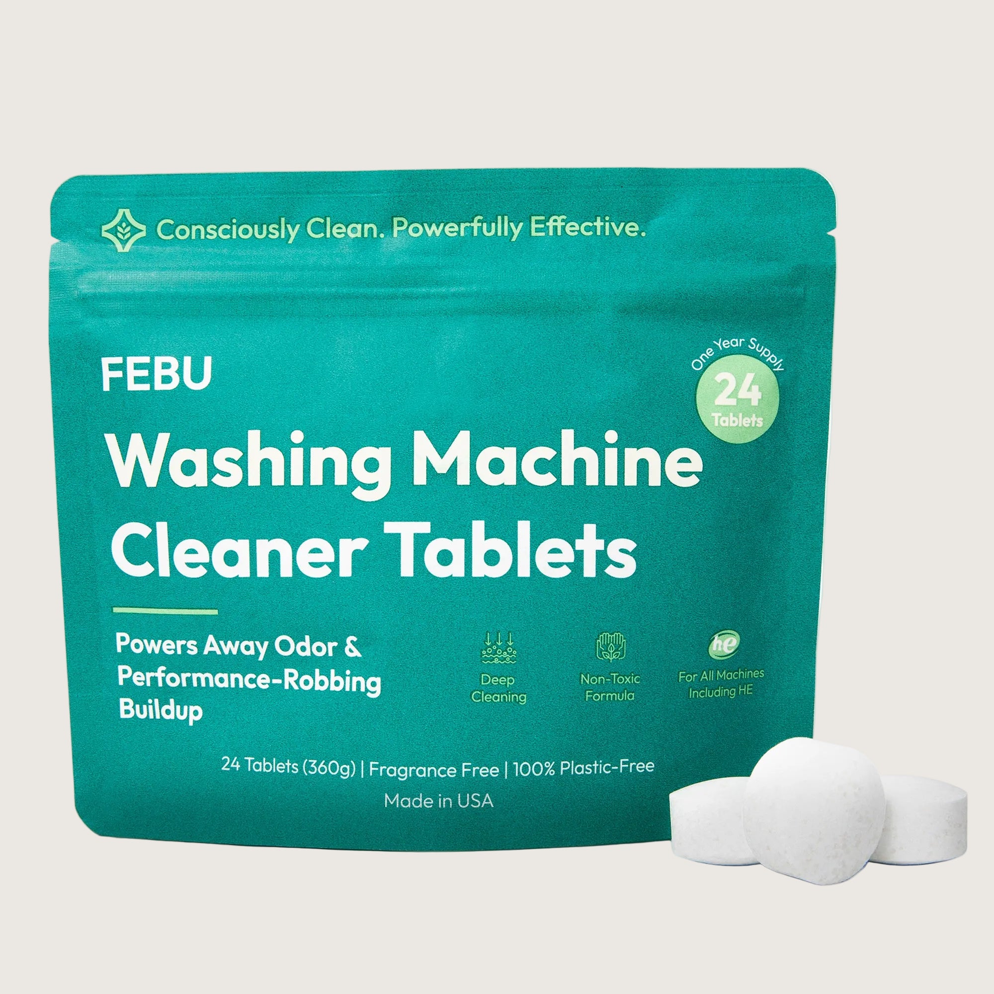 FEBU washing machine cleaner tablets packaging with tablets on a white background