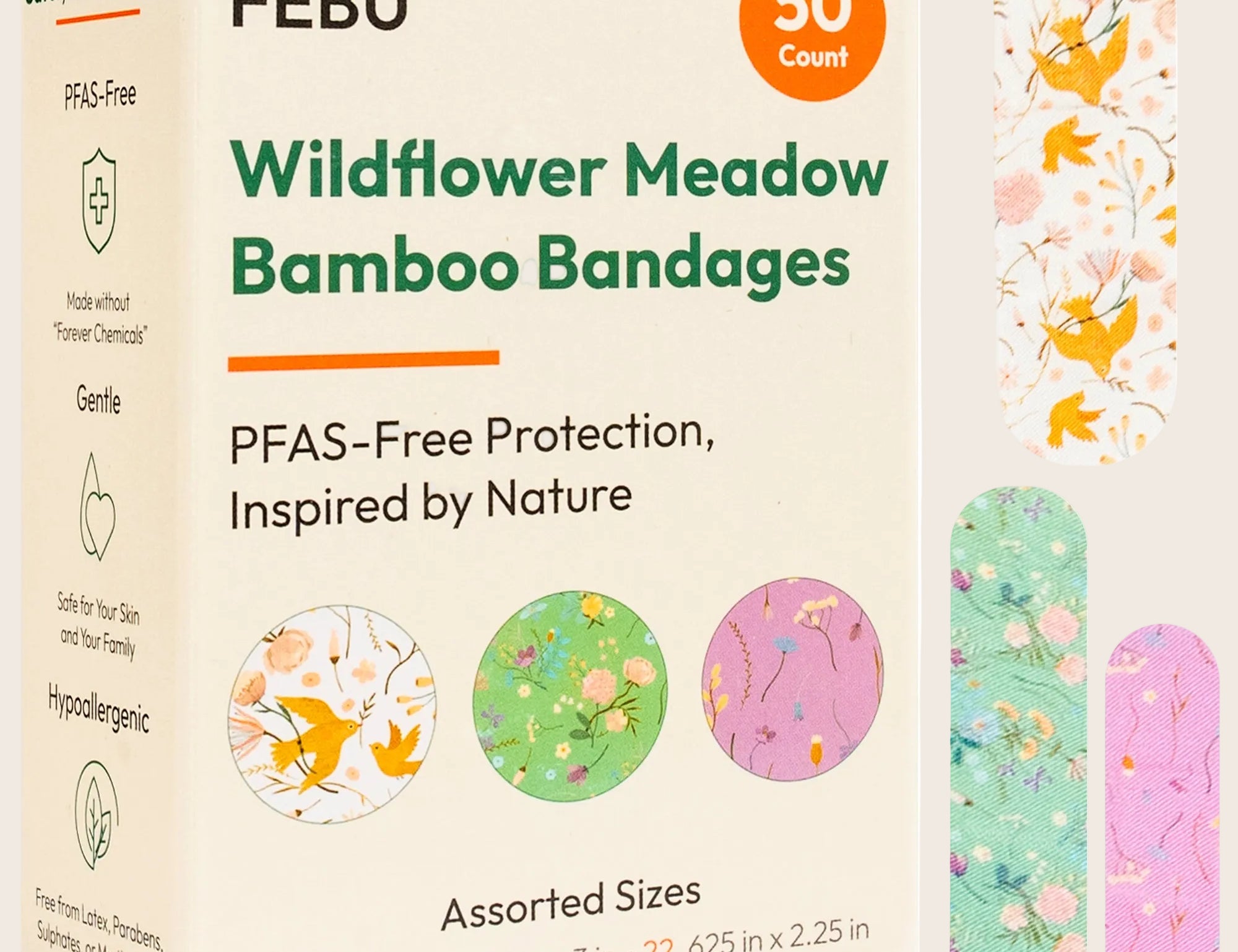 FEBU Wildflower Meadow Bamboo Bandages packaging with bandages displayed.
