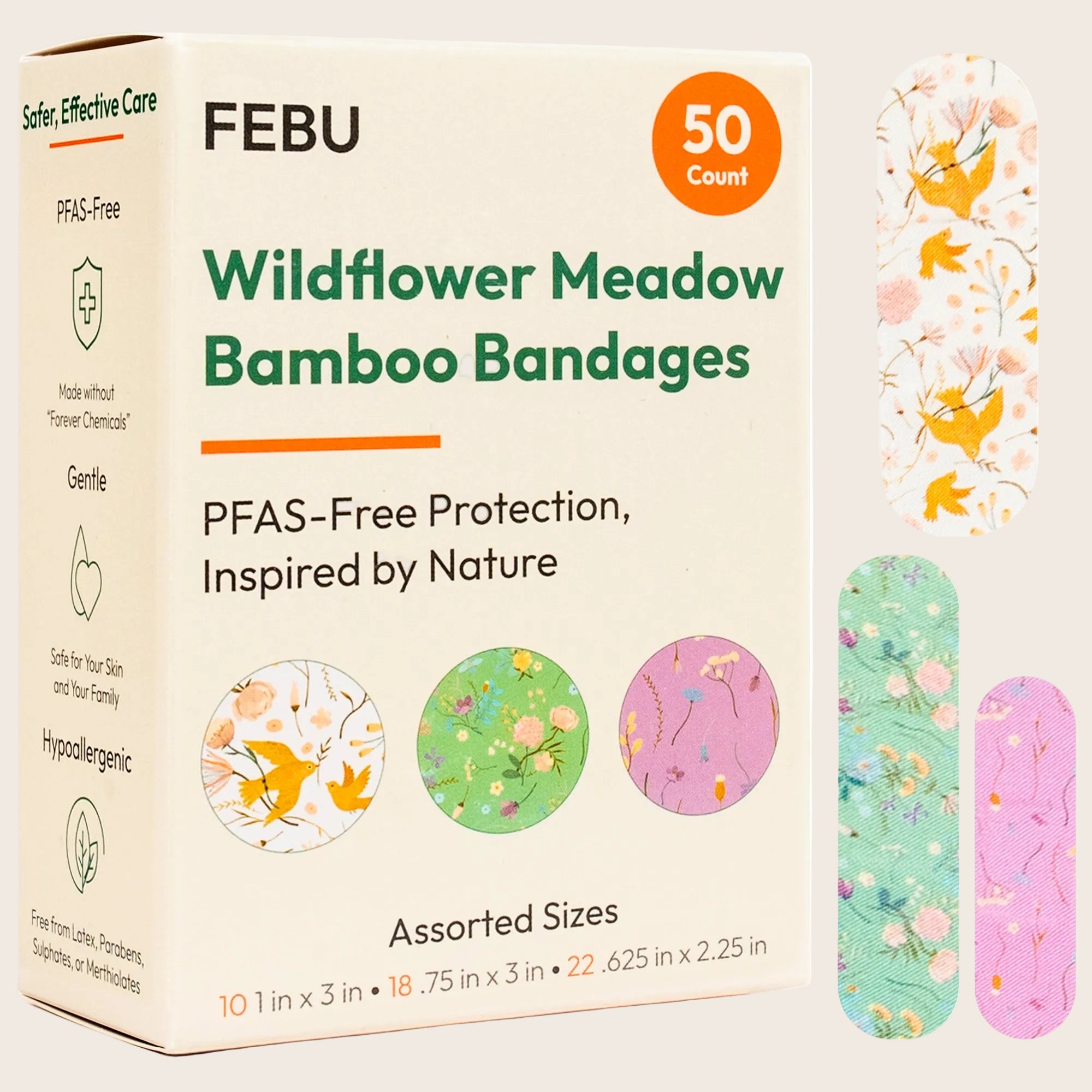 FEBU Wildflower Meadow Bamboo Bandages packaging with bandages displayed.