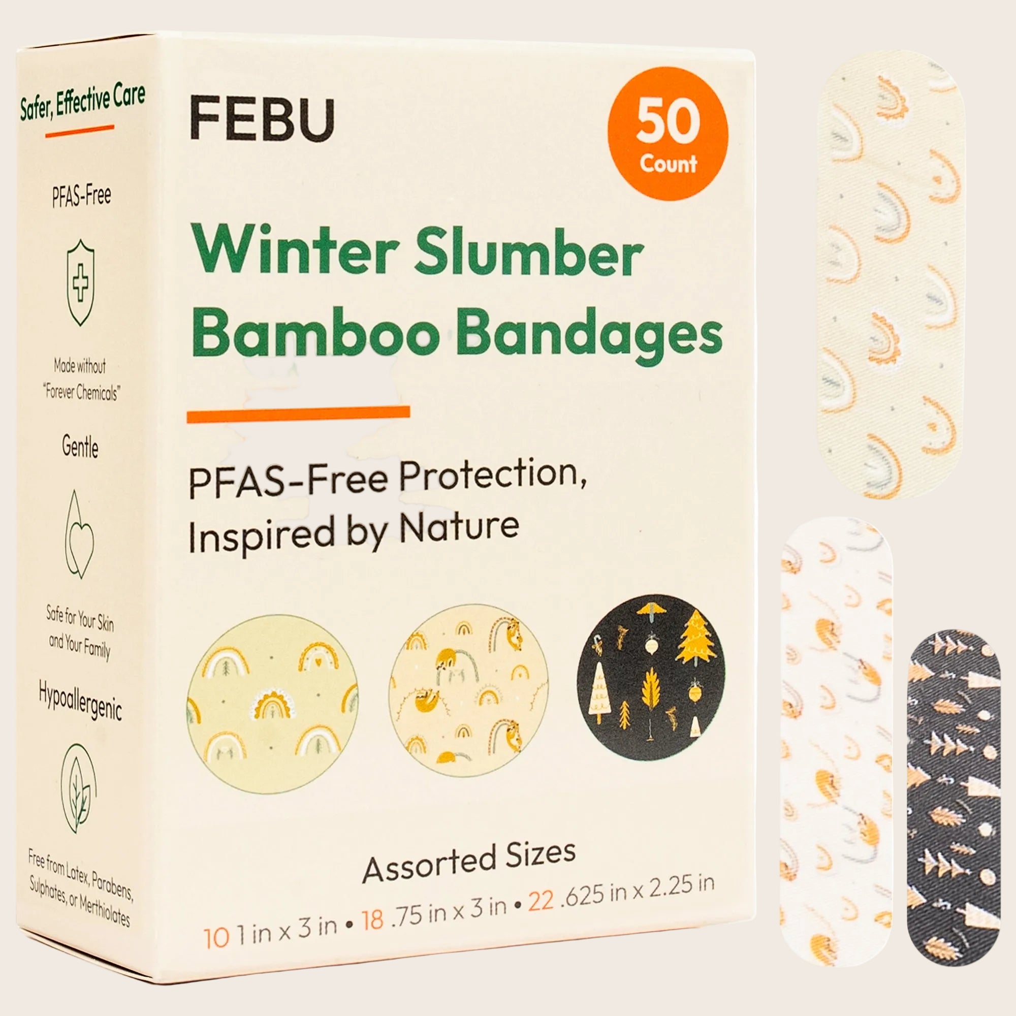 FEBU Winter Slumber Bamboo Bandages packaging with bandages on a white background