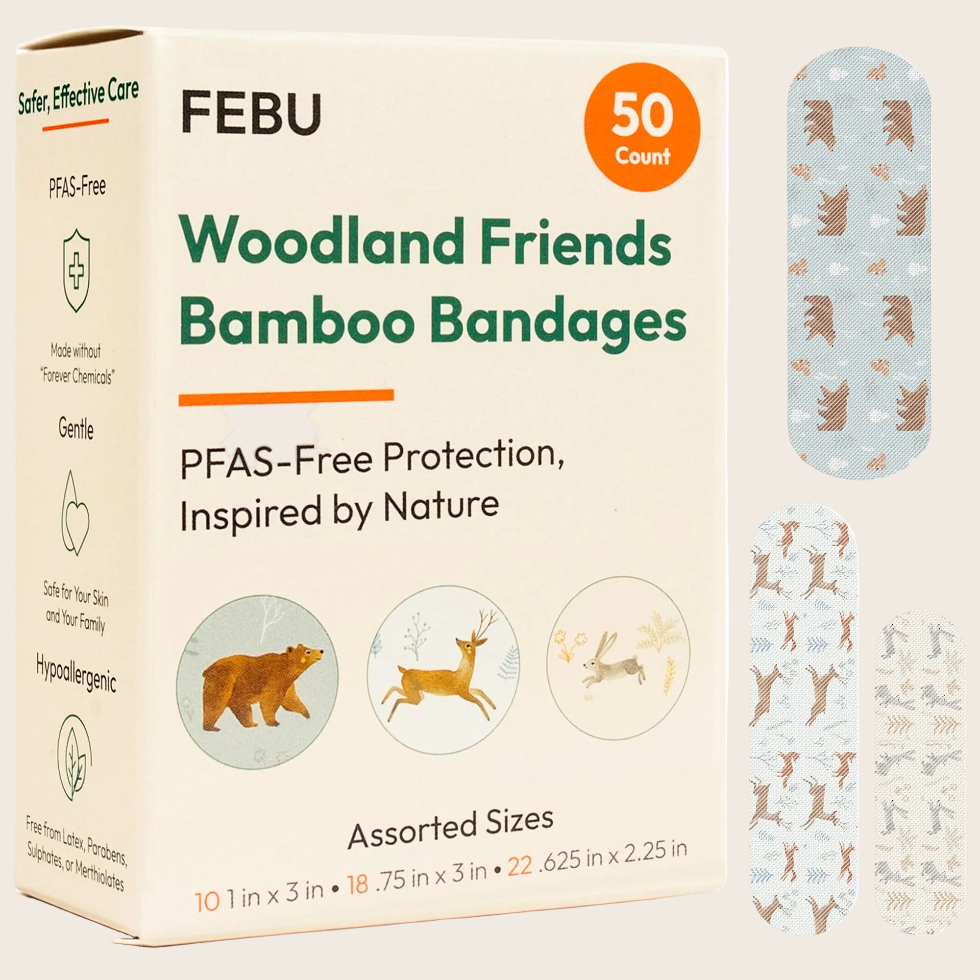 FEBU Woodland Friends Bamboo Bandages packaging with bandages displayed.