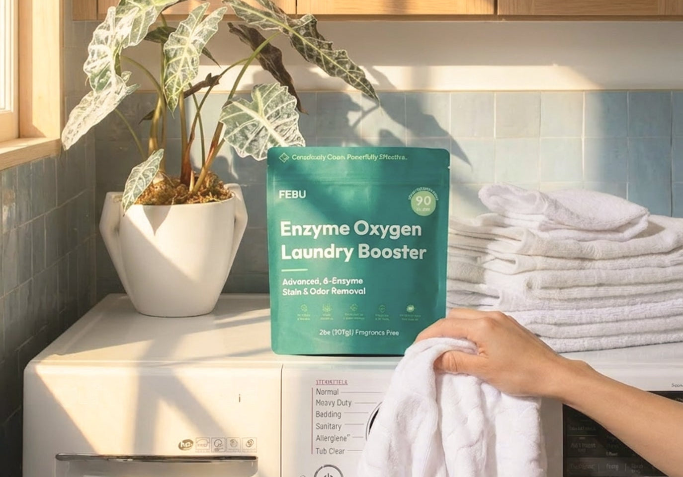 Enzyme Oxygen Laundry Booster package on a washing machine with towels and a plant in the background