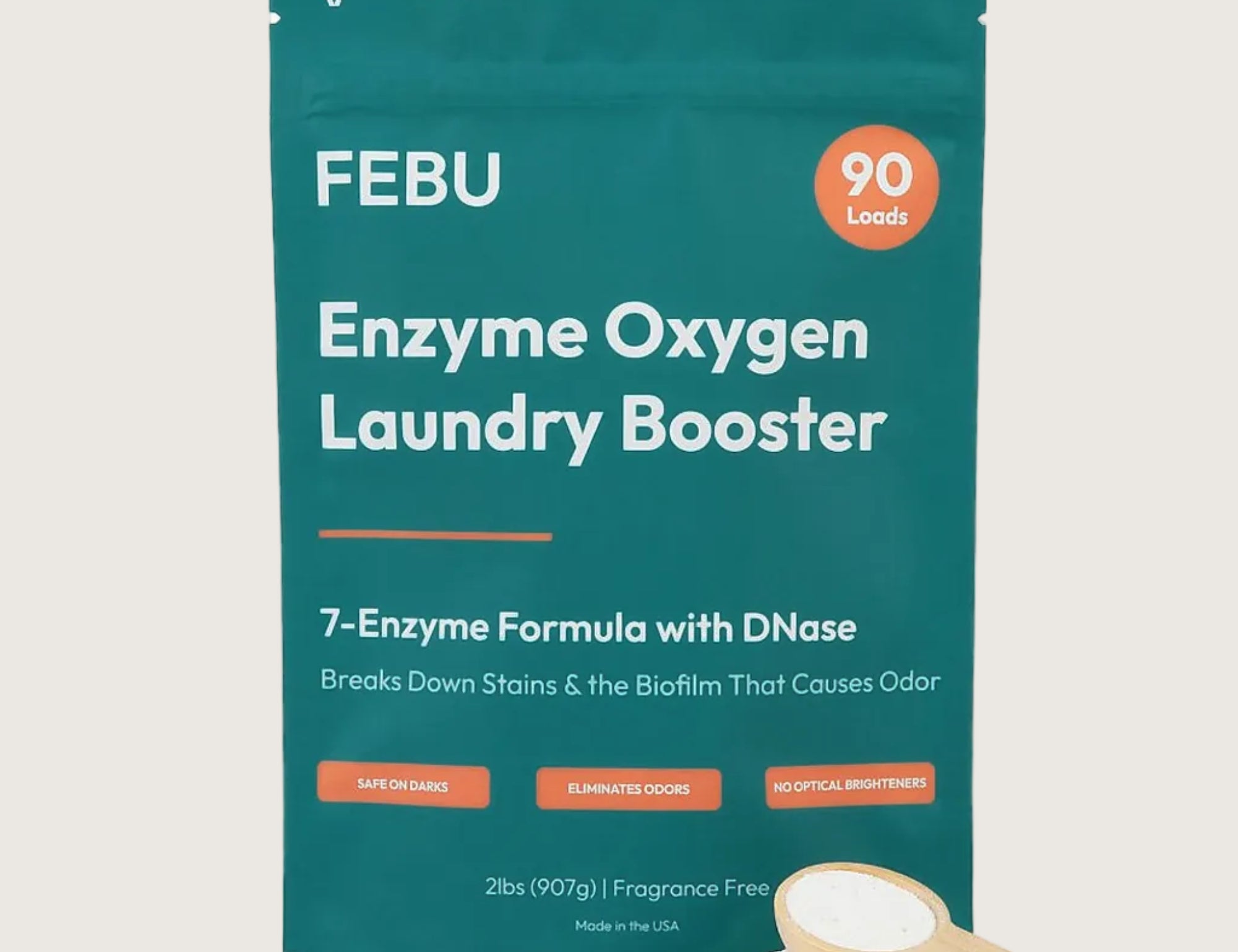 FEBU Enzyme Oxygen Laundry Booster with DNase and 7 enzymes package on a light gray background