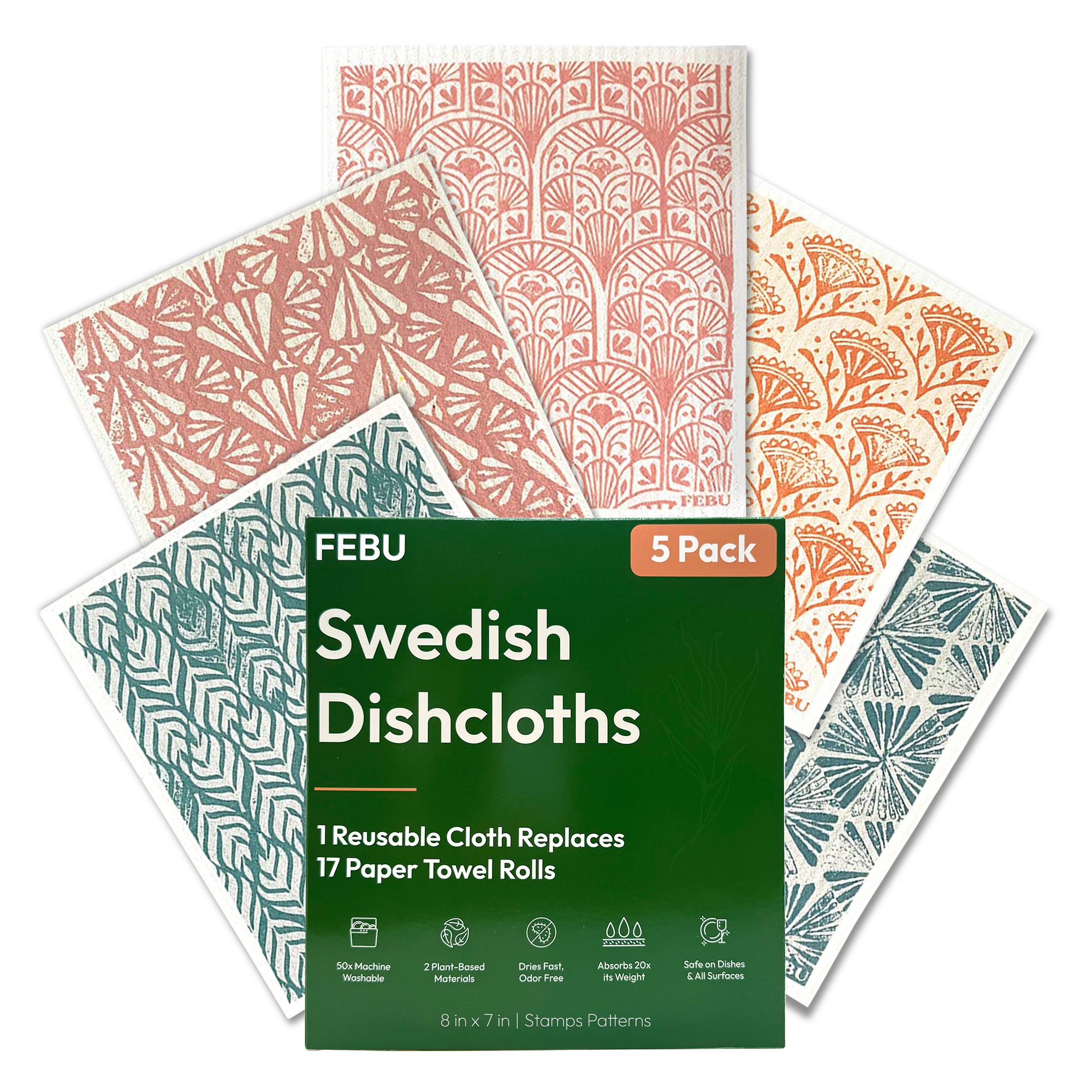 Pack of Swedish Dishcloths with patterned designs and FEBU branding.