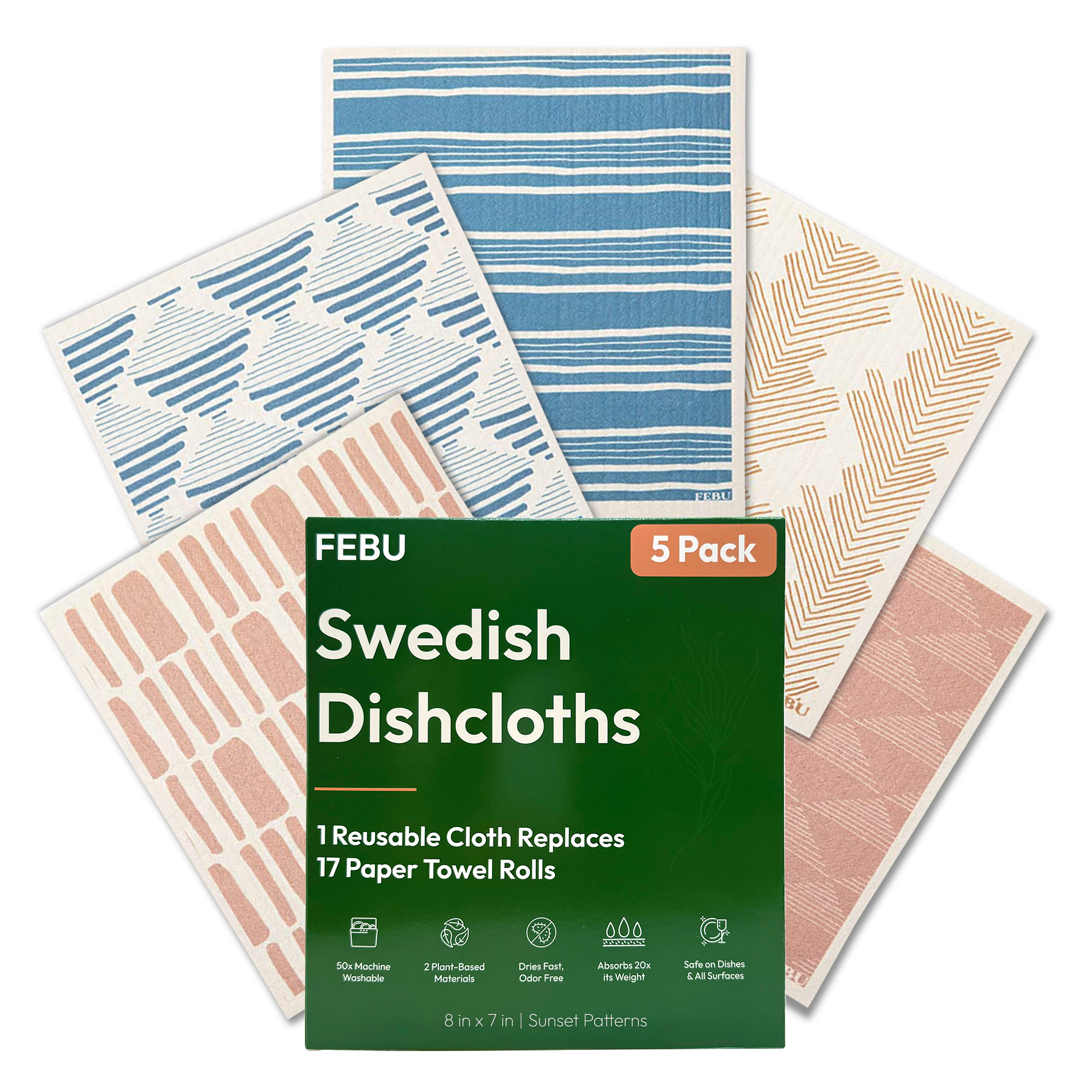 FEBU Swedish Dishcloths packaging with patterned cloths on a white background