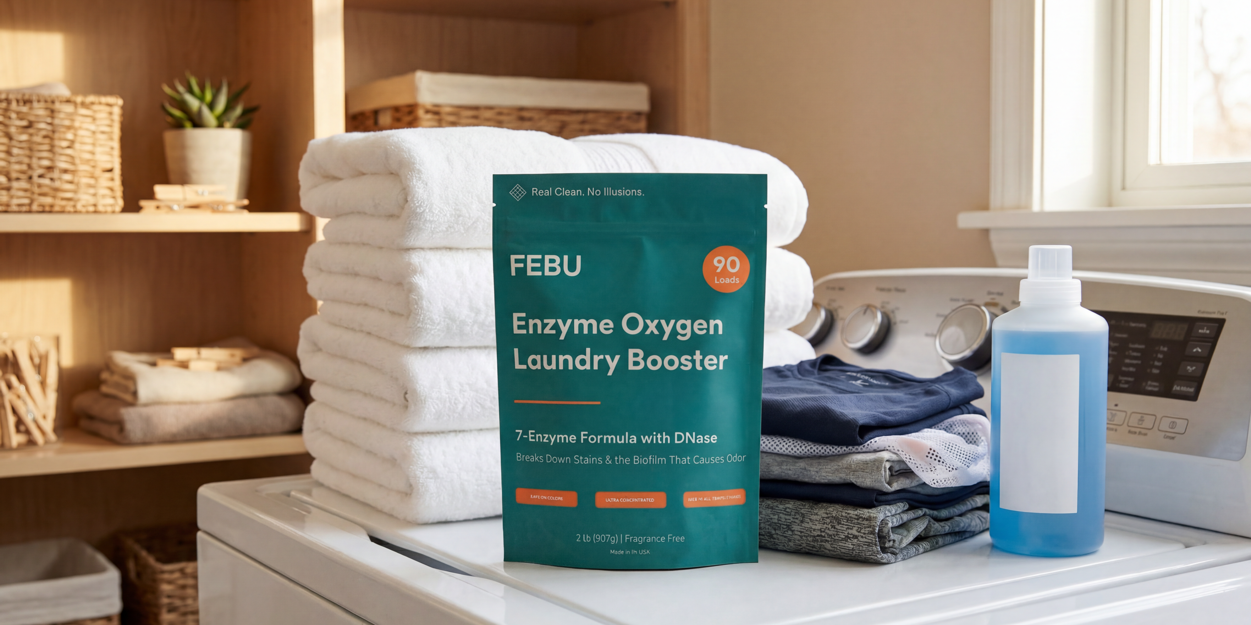 FEBU Enzyme Oxygen Laundry Booster package on a washing machine with laundry items in a home laundry room.