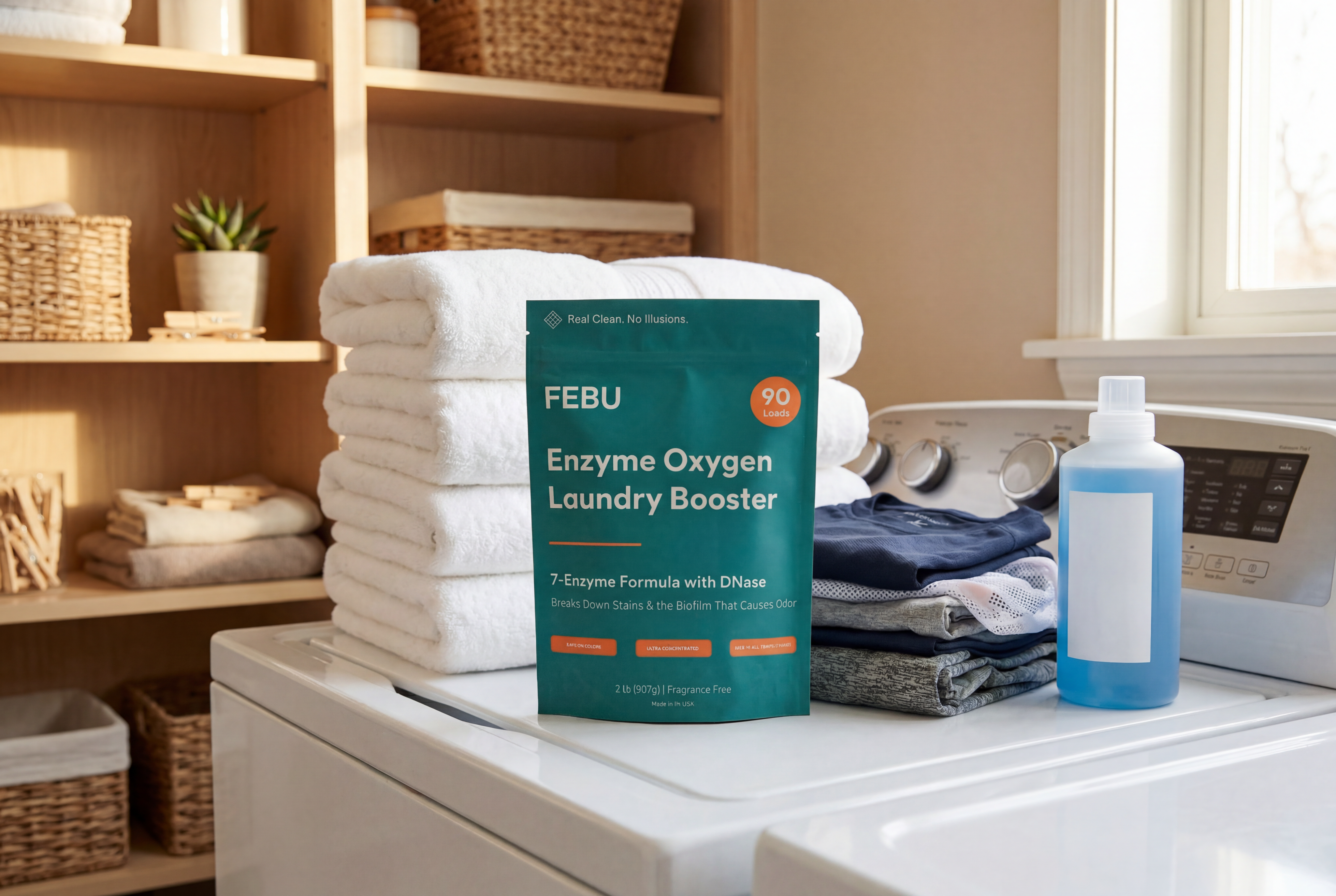 FEBU Enzyme Oxygen Laundry Booster package on a washing machine with laundry items in a home laundry room.