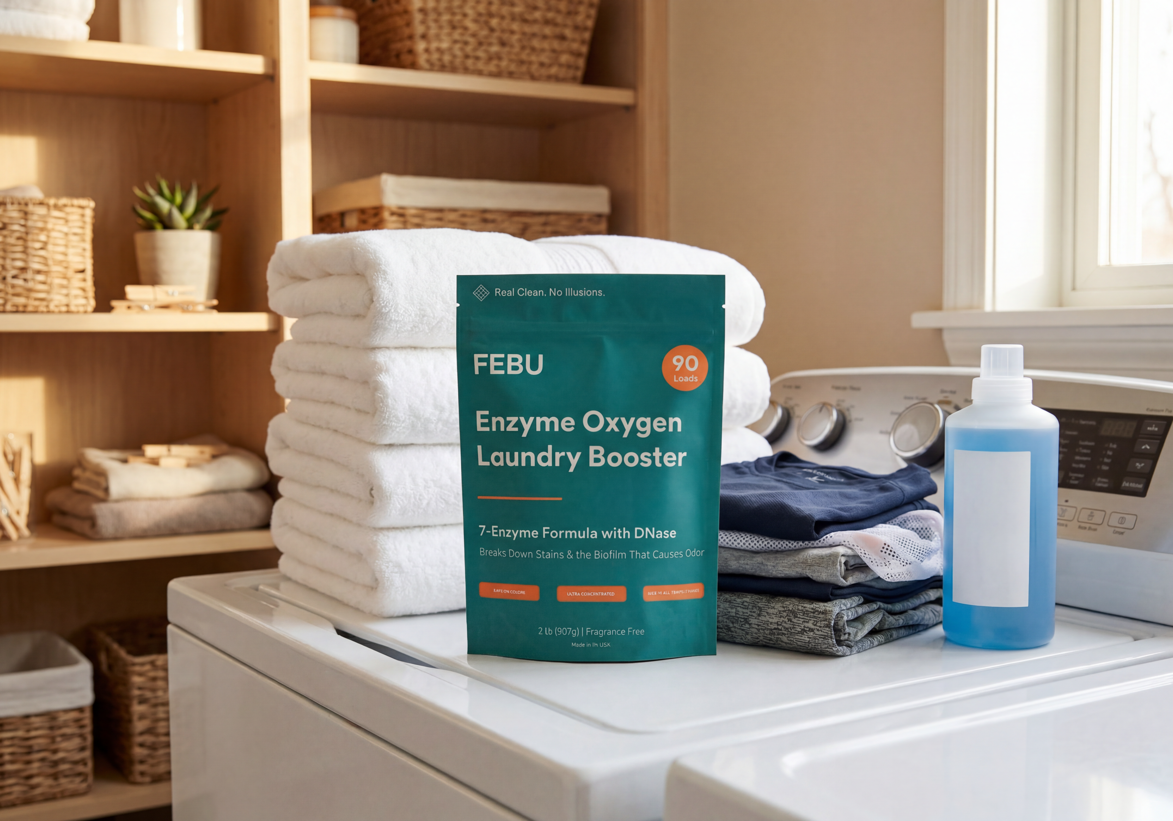 FEBU Enzyme Oxygen Laundry Booster package on a washing machine with laundry items in a home laundry room.