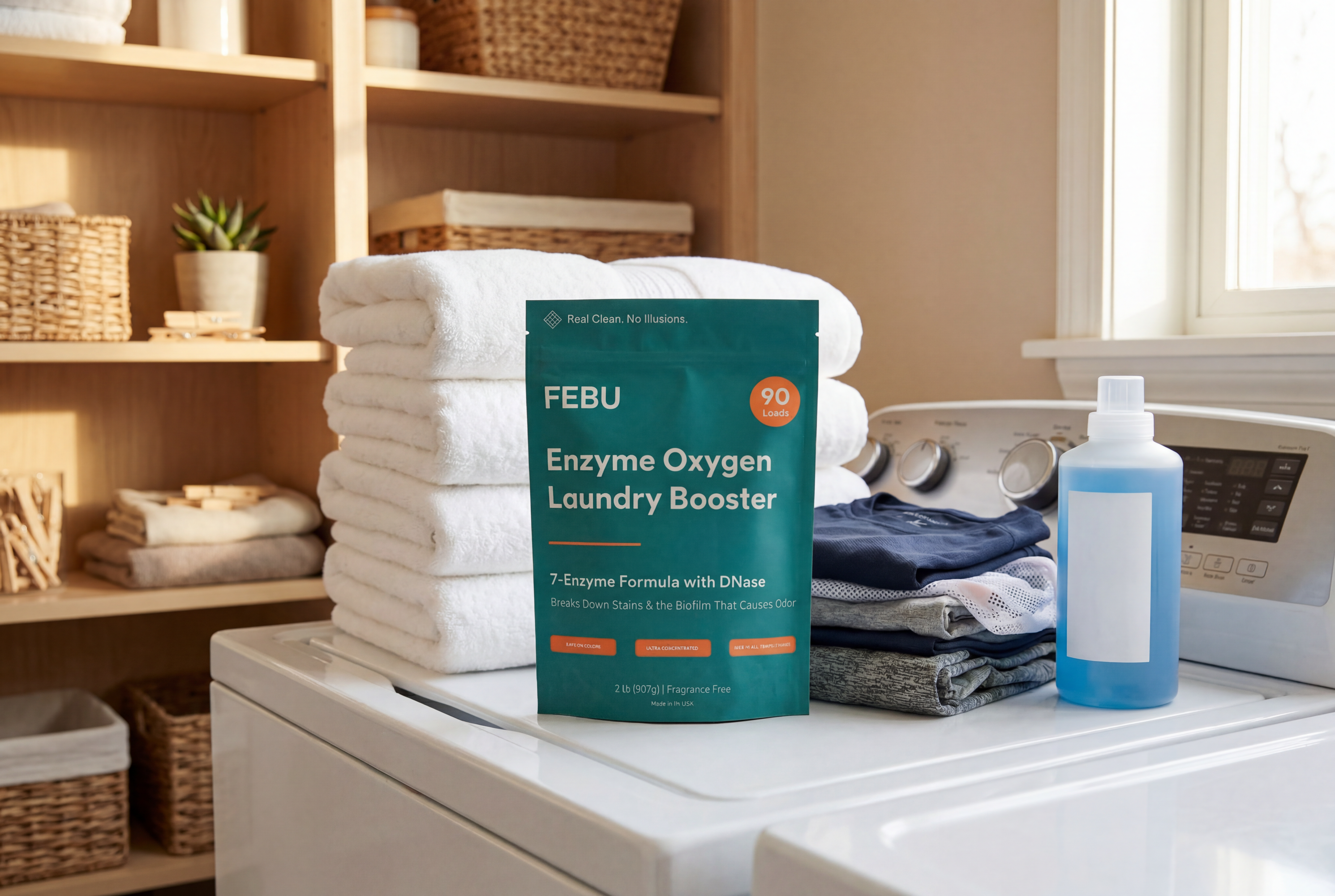 FEBU Enzyme Oxygen Laundry Booster package on a washing machine with laundry items in a home laundry room.