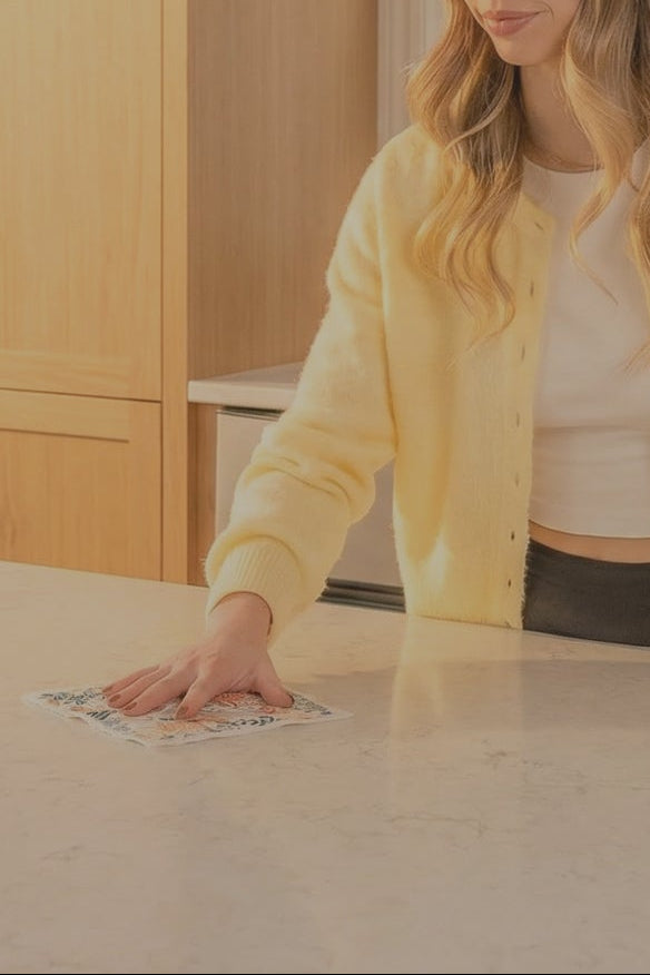 Woman cleaning a kitchen countertop in a well-lit kitchen.