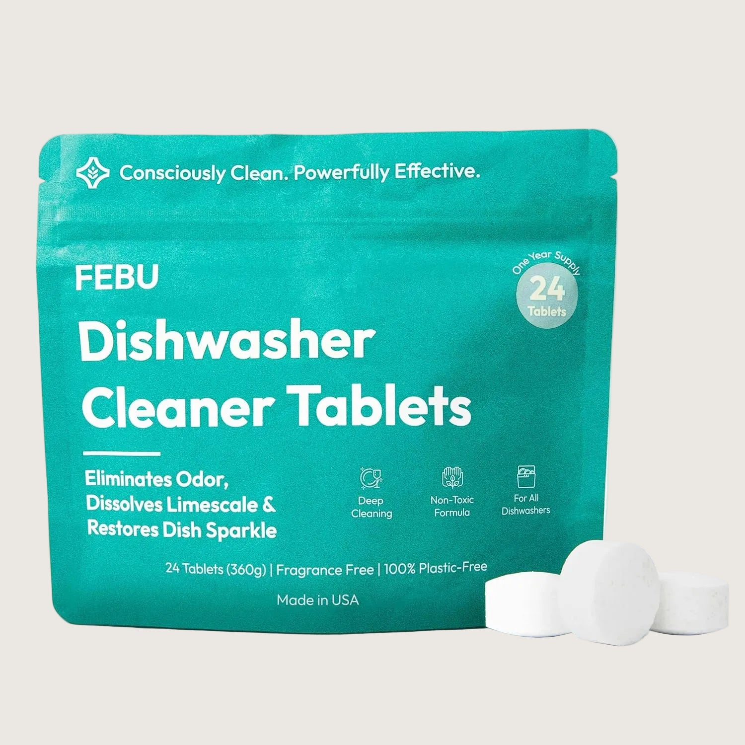 FEBU Dishwasher Cleaner Tablets packaging with tablets on a white background