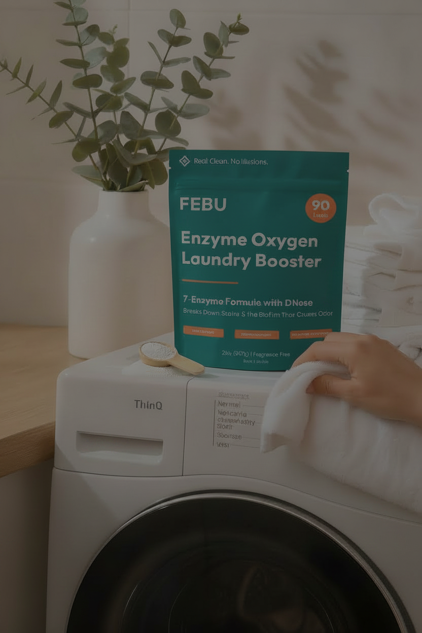 A package of FEBU Enzyme Oxygen Laundry Booster stands on top of a white washing machine in a bright laundry room. A hand is holding a white towel, and a vase with eucalyptus and folded white towels are visible in the background.