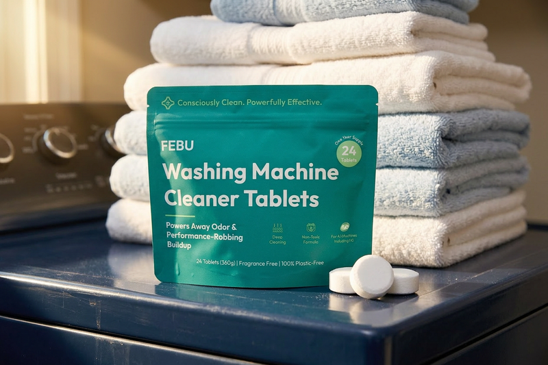 FEBU washing machine cleaner tablets on a dryer with folded laundry in the background